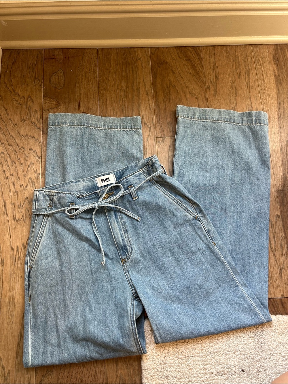 PAIGE Zoey 31” Wide-Leg Jeans w Offset Belt Loops + Waist Tie (Tranquility Wash)